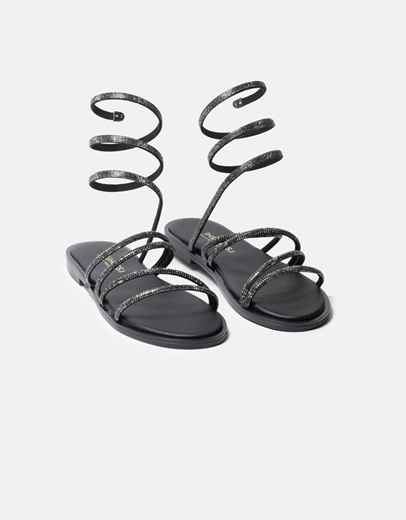 Εικόνα της Lace up σανδάλια Ελληνικής κατασκευής με λουράκια από strass Μαύρο