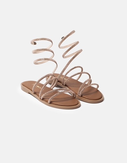 Εικόνα της Lace up σανδάλια Ελληνικής κατασκευής με λουράκια από strass Χαλκός