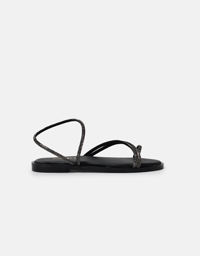 Εικόνα της Δερμάτινα flat σανδάλια Ελληνικής κατασκευής με strass Μαύρο