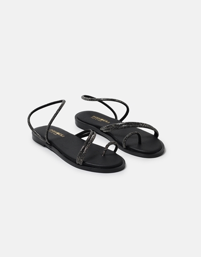Εικόνα της Δερμάτινα flat σανδάλια Ελληνικής κατασκευής με strass Μαύρο