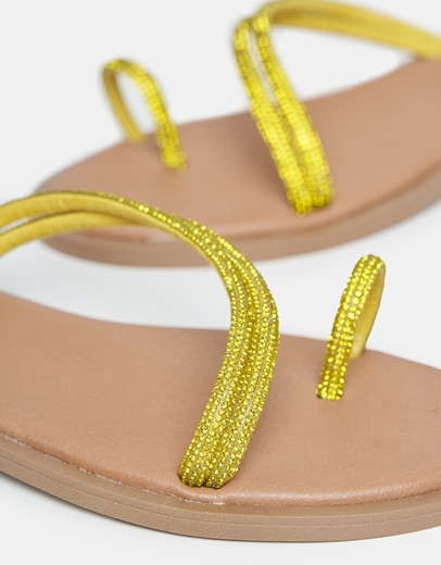 Εικόνα της Δερμάτινα flat σανδάλια Ελληνικής κατασκευής με strass Κίτρινο