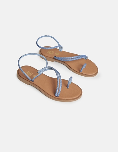 Εικόνα της Δερμάτινα flat σανδάλια Ελληνικής κατασκευής με strass Σιέλ