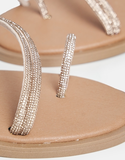 Εικόνα της Δερμάτινα flat σανδάλια Ελληνικής κατασκευής με strass Χαλκός