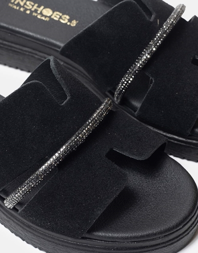 Εικόνα της Δερμάτινα flatforms Ελληνικής κατασκευής  με strass Μαύρο