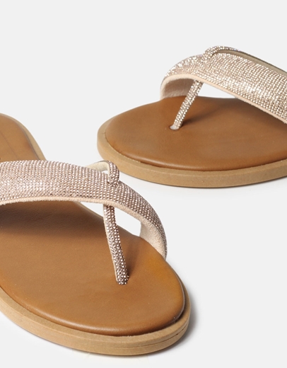 Εικόνα της Δερμάτινα flat σανδάλια με λουράκια από strass Χαλκός
