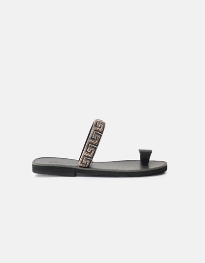 Εικόνα της Δερμάτινα σανδάλια Ελληνικής κατασκευής με μαίανδρο strass Μαύρο