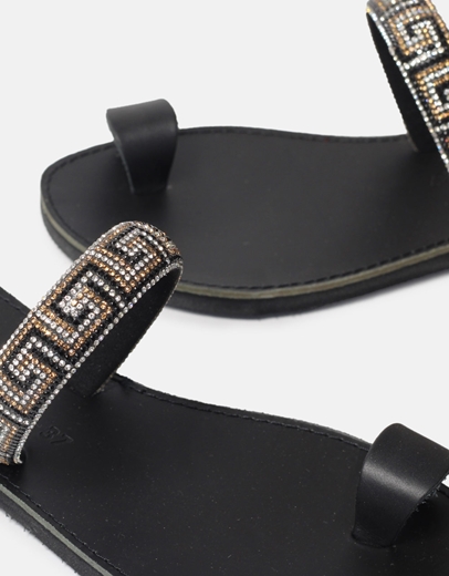 Εικόνα της Δερμάτινα σανδάλια Ελληνικής κατασκευής με μαίανδρο strass Μαύρο