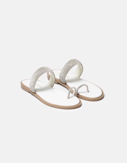Εικόνα της Μονόχρωμα flat σανδάλια Ελληνικής κατασκευής με strass Λευκό