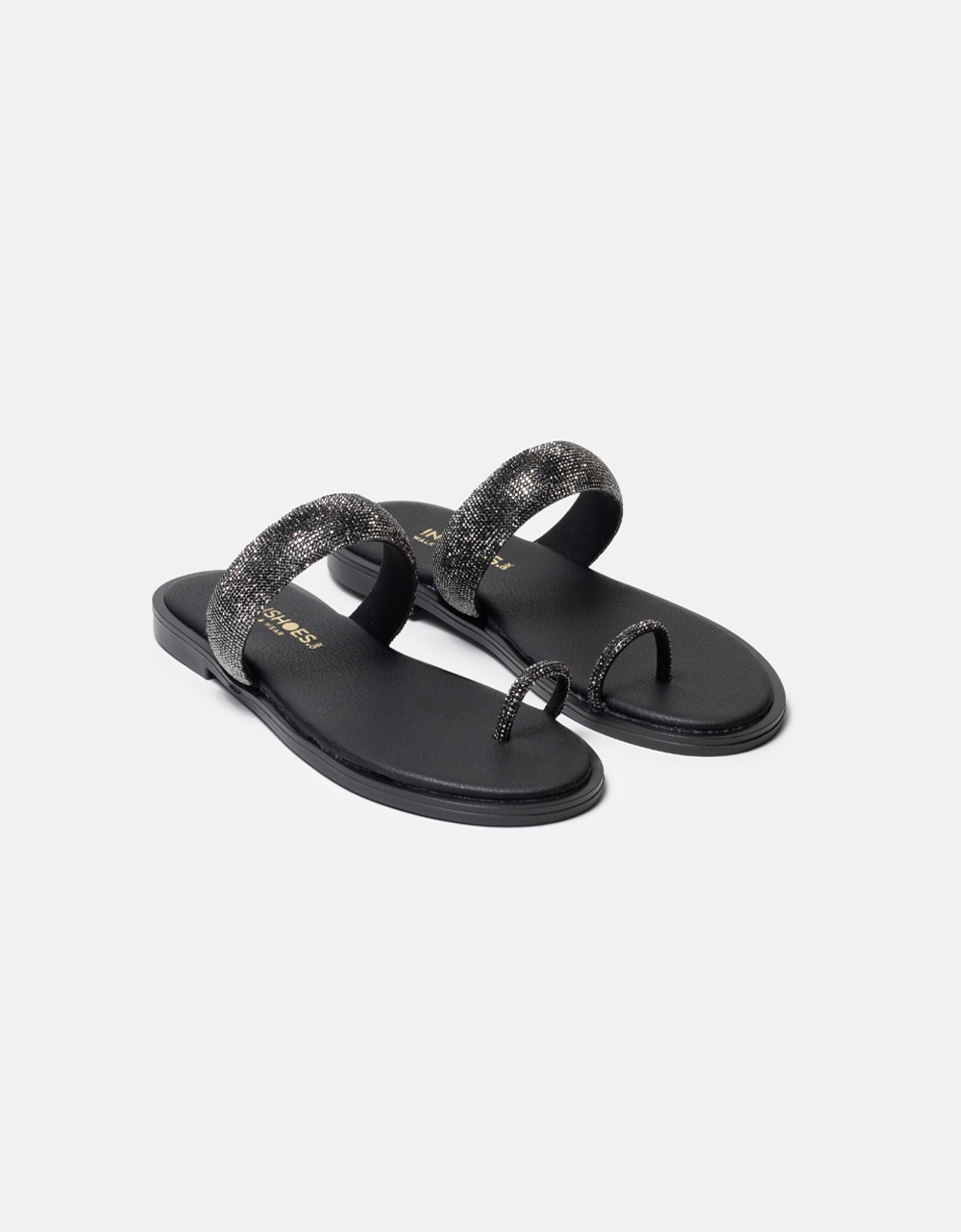 Εικόνα από Μονόχρωμα flat σανδάλια Ελληνικής κατασκευής με strass Μαύρο