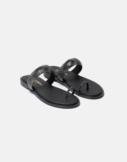 Εικόνα της Μονόχρωμα flat σανδάλια Ελληνικής κατασκευής με strass Μαύρο