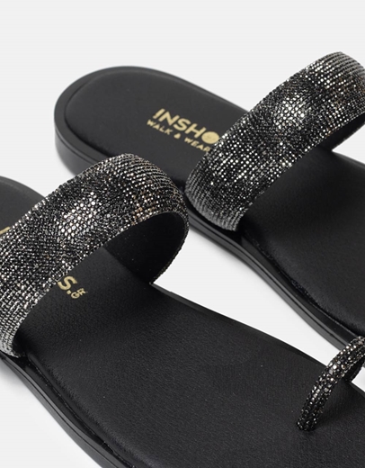 Εικόνα της Μονόχρωμα flat σανδάλια Ελληνικής κατασκευής με strass Μαύρο
