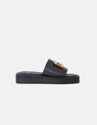 Εικόνα της Δερμάτινα δίσολα σανδάλια με χρυσή αγκράφα Μαύρο