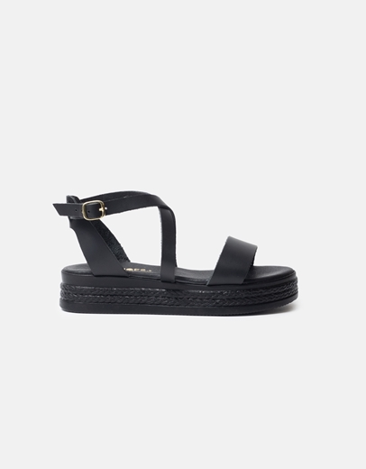 Εικόνα της Δερμάτινα flatforms Ελληνικής κατασκευής με χιαστί σχέδιο Μαύρο