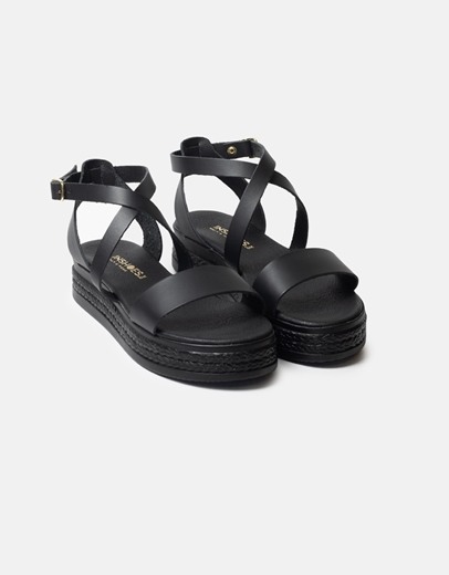 Εικόνα της Δερμάτινα flatforms Ελληνικής κατασκευής με χιαστί σχέδιο Μαύρο