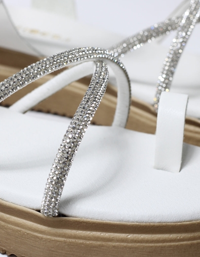 Εικόνα της Δερμάτινα flatforms Ελληνικής κατασκευής  με strass Λευκό