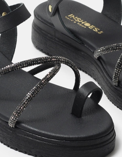 Εικόνα της Δερμάτινα flatforms Ελληνικής κατασκευής  με strass Μαύρο