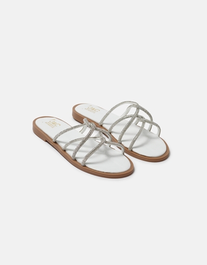 Εικόνα της Δερμάτινα flat σανδάλια Ελληνικής κατασκευής με λουράκια από strass Λευκό