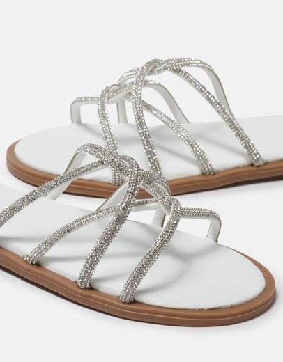 Εικόνα της Δερμάτινα flat σανδάλια Ελληνικής κατασκευής με λουράκια από strass Λευκό
