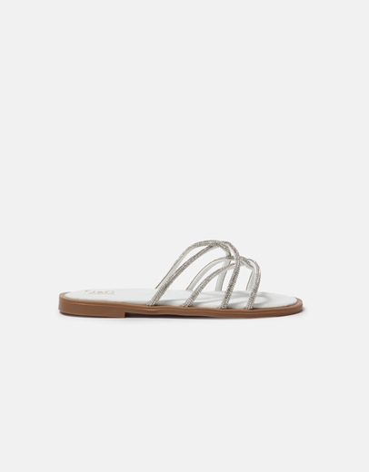 Εικόνα της Δερμάτινα flat σανδάλια Ελληνικής κατασκευής με λουράκια από strass Λευκό