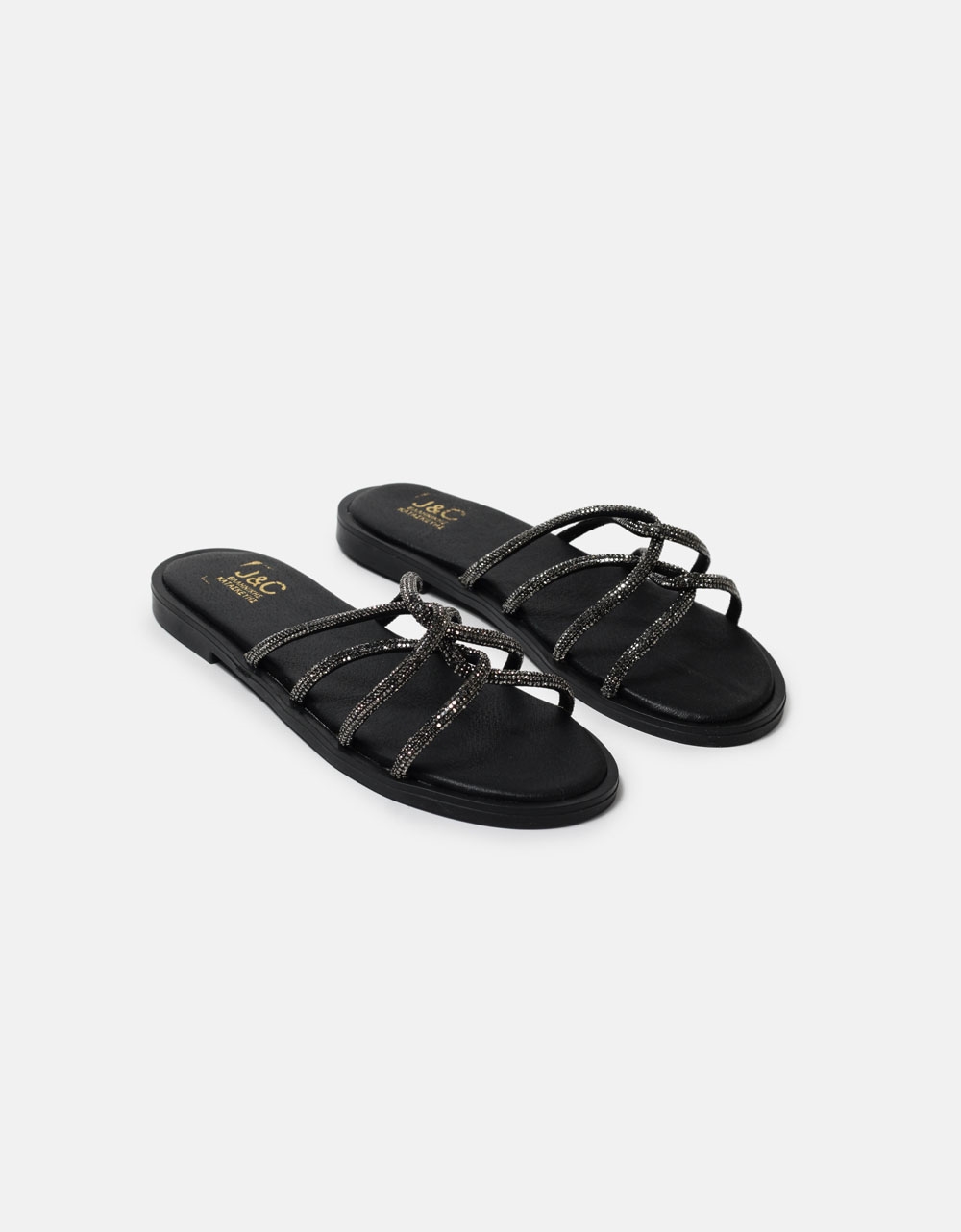 Εικόνα από Δερμάτινα flat σανδάλια Ελληνικής κατασκευής με λουράκια από strass Μαύρο