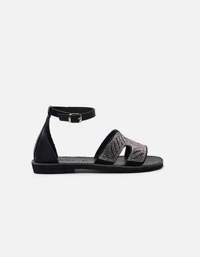 Εικόνα της Δερμάτινα σανδάλια Ελληνικής κατασκευής με μπαρέτα strass Μαύρο