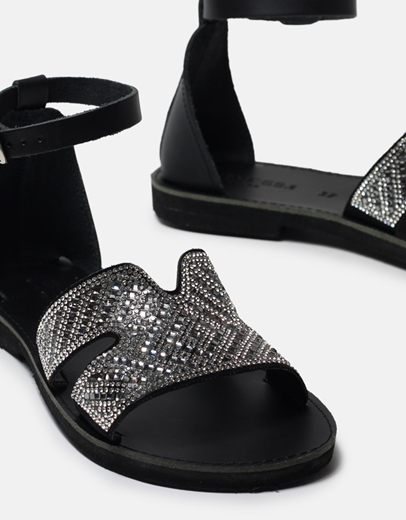 Εικόνα της Δερμάτινα σανδάλια Ελληνικής κατασκευής με μπαρέτα strass Μαύρο