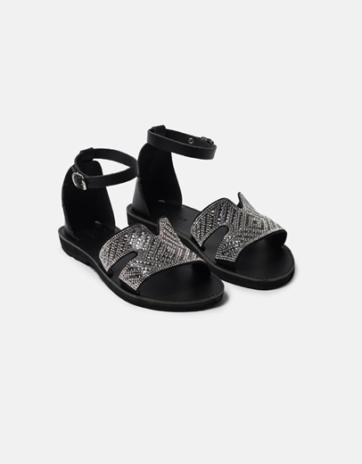 Εικόνα της Δερμάτινα σανδάλια Ελληνικής κατασκευής με μπαρέτα strass Μαύρο