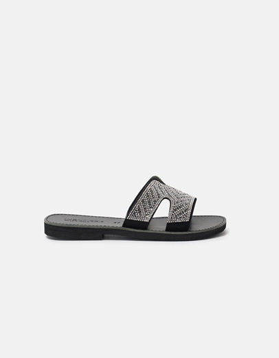 Εικόνα της Δερμάτινα flat σανδάλια Ελληνικής κατασκευής με φάσα από strass Μαύρο