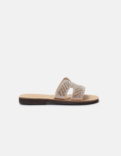 Εικόνα της Δερμάτινα flat σανδάλια Ελληνικής κατασκευής με φάσα από strass Χαλκός