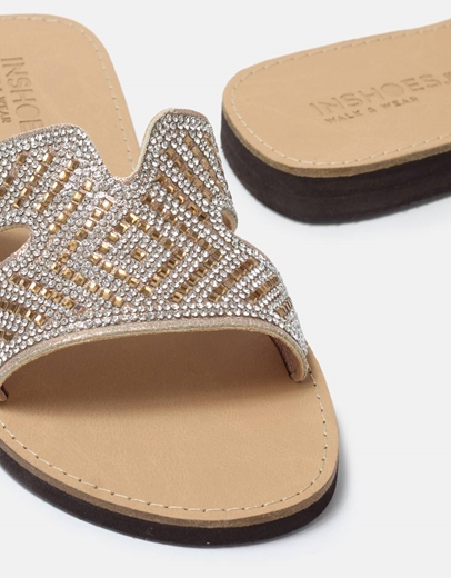 Εικόνα της Δερμάτινα flat σανδάλια Ελληνικής κατασκευής με φάσα από strass Χαλκός