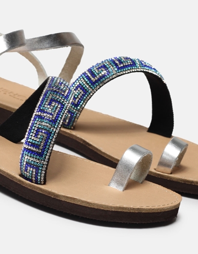 Εικόνα της Δερμάτινα σανδάλια  Ελληνικής κατασκευής με λοξό λουράκι strass Μπλε