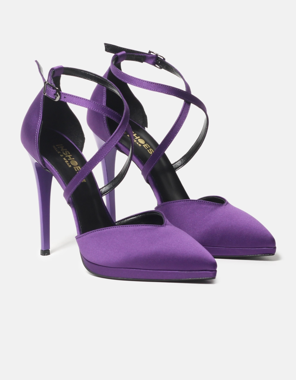 Εικόνα από Σατέν ψηλοτάκουνες γόβες Ελληνικής κατασκευής με χιαστί σχέδιο Μωβ