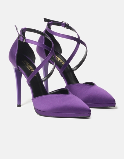 Εικόνα της Σατέν ψηλοτάκουνες γόβες Ελληνικής κατασκευής με χιαστί σχέδιο Μωβ