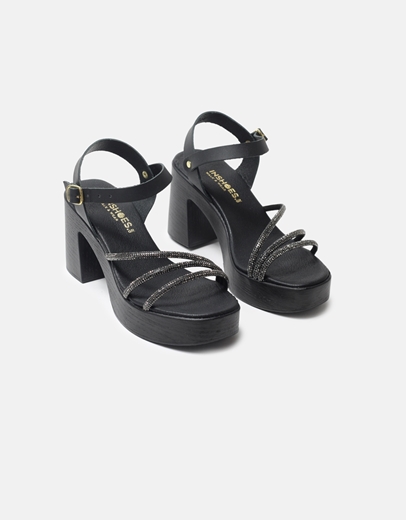 Εικόνα της Δερμάτινα πέδιλα Ελληνικής κατασκευής με strass Μαύρο