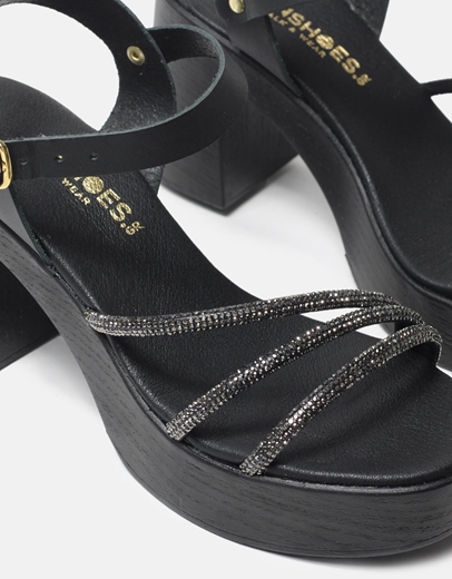 Εικόνα της Δερμάτινα πέδιλα Ελληνικής κατασκευής με strass Μαύρο