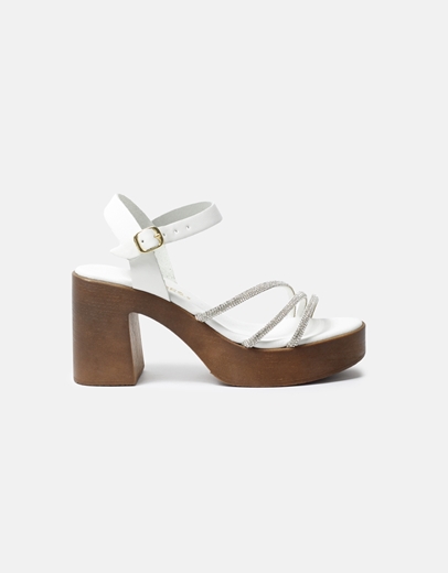 Εικόνα της Δερμάτινα πέδιλα Ελληνικής κατασκευής με strass Λευκό