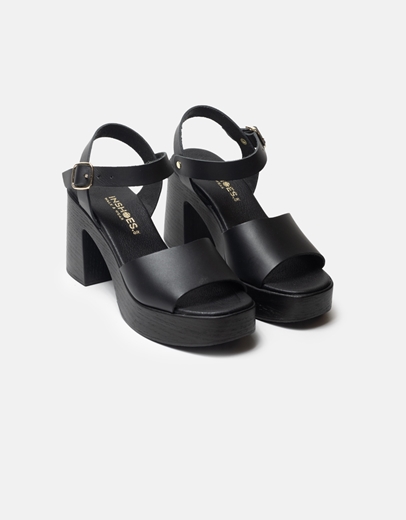 Εικόνα της Δερμάτινα πέδιλα Ελληνικής κατασκευής με τετράγωνο τακούνι Μαύρο