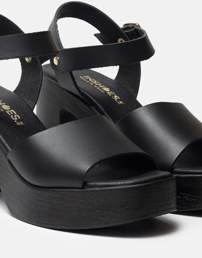 Εικόνα της Δερμάτινα πέδιλα Ελληνικής κατασκευής με τετράγωνο τακούνι Μαύρο