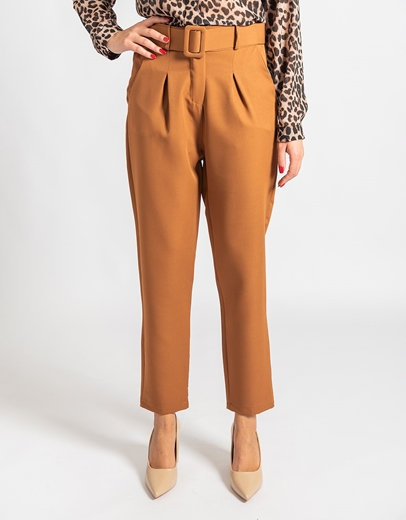 Εικόνα της Μονόχρωμο παντελόνι με πιέτα και ζώνη Καφέ