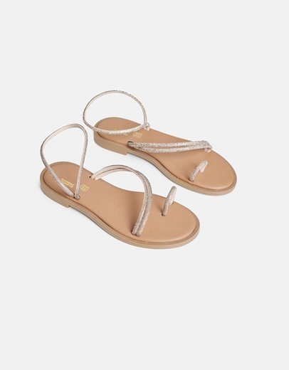 Εικόνα της Δερμάτινα flat σανδάλια Ελληνικής κατασκευής με strass Χαλκός