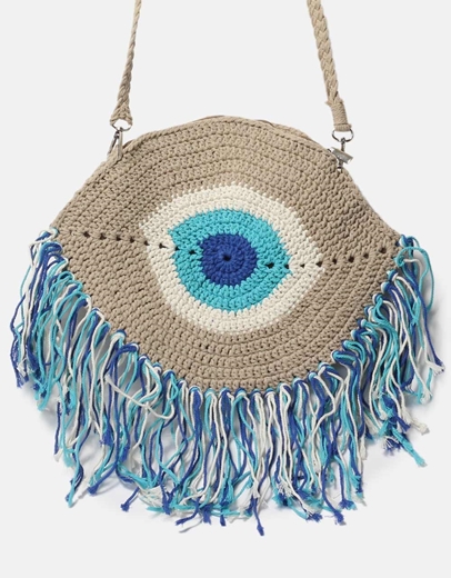 Εικόνα της Υφασμάτινη τσάντα ώμου με κρόσσια και μάτι Πούρο