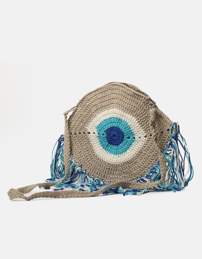 Εικόνα της Υφασμάτινη τσάντα ώμου με κρόσσια και μάτι Πούρο