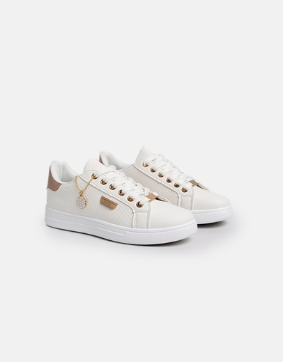 Εικόνα της Γυναικεία sneakers σε απλή γραμμή με διακοσμητική αλυσίδα Λευκό/Σαμπανί