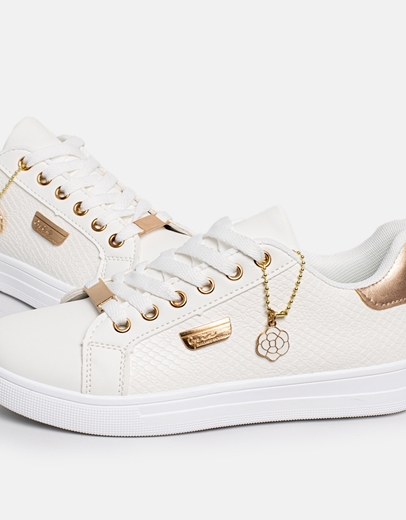 Εικόνα της Γυναικεία sneakers σε απλή γραμμή με διακοσμητική αλυσίδα Λευκό/Σαμπανί