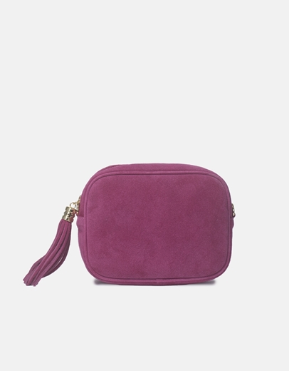 Εικόνα της Δερμάτινη τσάντα ώμου με κρεμαστό διακοσμητικό Φούξια