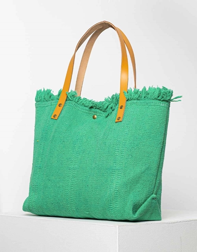 Εικόνα της Τσάντα υφασμάτινη με δερμάτινα λουράκια Πράσινο
