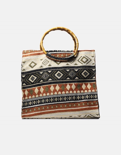 Εικόνα της Boho τσάντα χειρός με bamboo χειρολαβές Πορτοκαλί