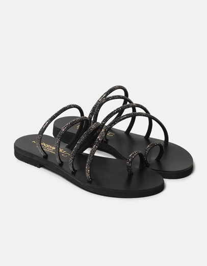 Εικόνα της Δερμάτινα σανδάλια Ελληνικής κατασκευής με λοξά λουράκια Μαύρο