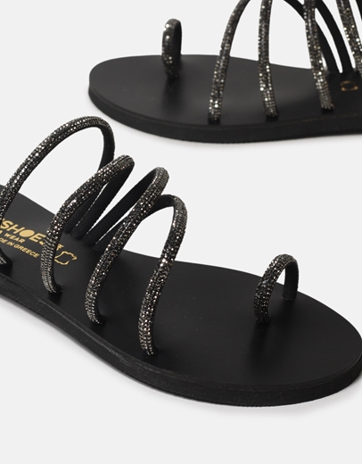 Εικόνα της Δερμάτινα σανδάλια Ελληνικής κατασκευής με λοξά λουράκια Μαύρο