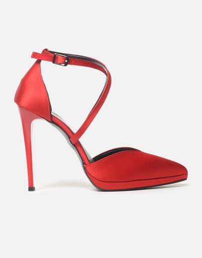 Εικόνα της Σατέν ψηλοτάκουνες γόβες Ελληνικής κατασκευής με χιαστί σχέδιο Κόκκινο